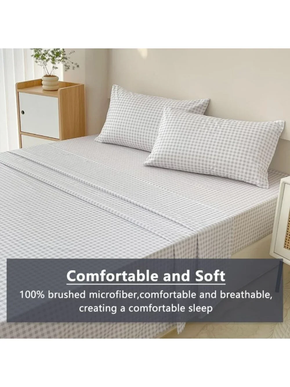 Light Grey Gingham Queen Sheet Set | Soft Cotton Bedding | Cozy Home Essentials